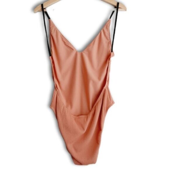 TOPSHOP Ribbed Plunge V-Neck Button Detail Swimsuit Nude One Piece Sz 10 - Picture 4 of 11